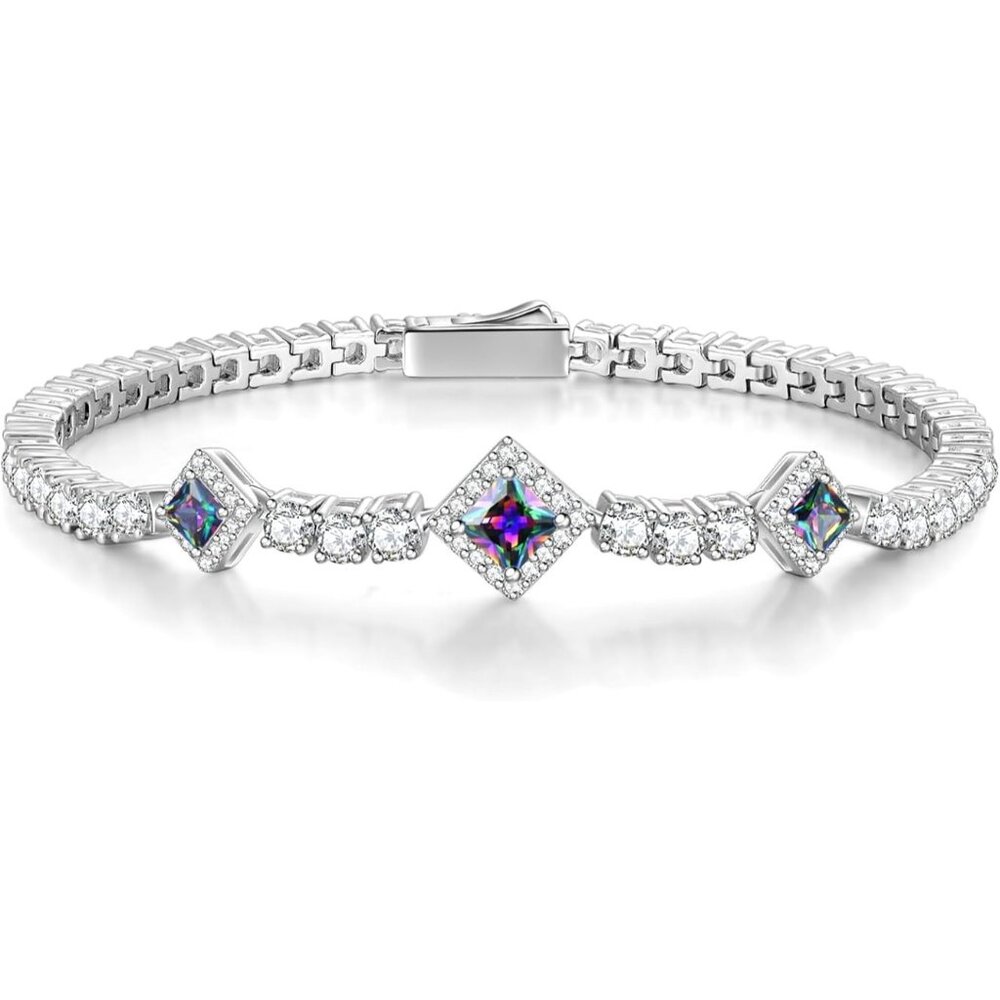 Birthstone 4mm Sterling Silver Tennis Square Gemstone Bracelet - 06-Alexandrite